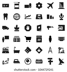 Flat vector icon set - bath vector, plates, blackboard, drawing compass, graph, cart, man, stadium, sports nutrition, fitness mat, plane, car, sorting, weight, flammable, route, microphone, internet