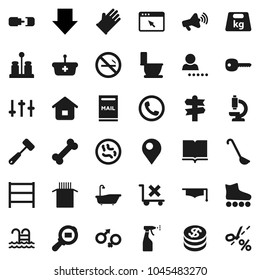 Flat vector icon set - bath vector, toilet, sprayer, rubber glove, ladle, meat hammer, spices, pasta, book, graduate hat, arrow down, roller Skates, pool, no smoking, bone, signpost, trolley, weight