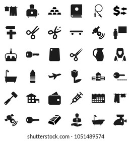 Flat vector icon set - bath vector, drying clothes, cleaner woman, meat hammer, cutting board, toaster, jug, cake, school building, blackboard, exchange, gold ingot, jump rope, skateboard, plane