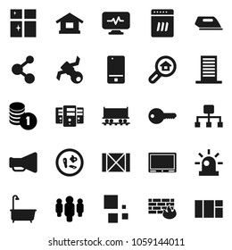 Flat vector icon set - bath vector, shining window, coin stack, man, molecule, Railway carriage, satellite, wood box, loudspeaker, mobile phone, microbs, diagnostic monitor, server, firewall, siren