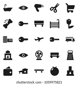 Flat vector icon set - bath vector, grater, school building, scissors, bus, fitball, skateboard, plane, tulip, eye, broken bone, bench, key, cottage, crib, wallet, cart, hair dryer, fan, fireplace