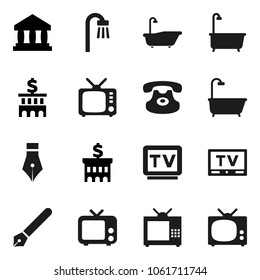 Flat vector icon set - bath vector, pen, bank, building, tv, classic phone