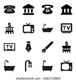 Flat vector icon set - bath vector, pen, bank, building, tv, classic phone