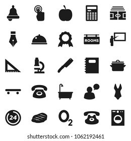 Flat vector icon set - bath vector, pan, knife, dish, steak, copybook, pen, blackboard, corner ruler, microscope, bell, calculator, medal, diet, stadium, swimsuite, skateboard, oxygen, touchscreen