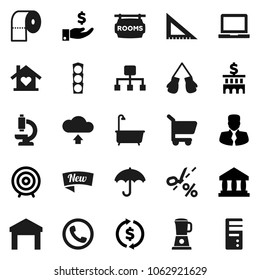 Flat vector icon set - bath vector, toilet paper, corner ruler, notebook pc, bank, exchange, manager, investment, building, target, boxing glove, traffic light, umbrella, warehouse, microscope, new
