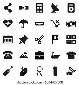 Flat vector icon set - bath vector, cleaning agent, cook hat, calculator, paper pin, cash, case, dollar flag, jump rope, molecule, calendar, phone, umbrella, no trolley, satellite antenna, speaker
