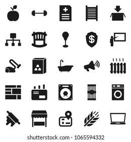 Flat vector icon set - bath vector, washer, washboard, rolling pin, cereal, pasta, blackboard, apple fruit, barbell, punching bag, cereals, navigator, consolidated cargo, loudspeaker, anamnesis