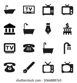 Flat vector icon set - bath vector, pen, bank, building, tv, classic phone