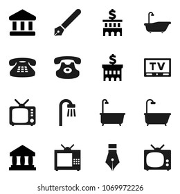 Flat vector icon set - bath vector, pen, bank, building, tv, classic phone