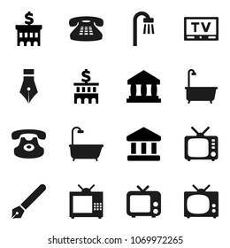 Flat vector icon set - bath vector, pen, bank, building, tv, classic phone