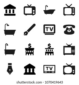 Flat vector icon set - bath vector, pen, bank, building, tv, classic phone