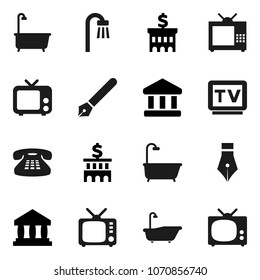 Flat vector icon set - bath vector, pen, bank, building, tv, classic phone