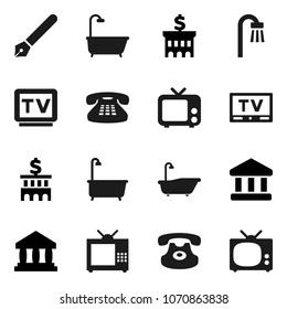 Flat vector icon set - bath vector, pen, bank, building, tv, classic phone
