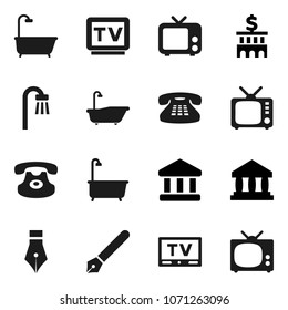 Flat vector icon set - bath vector, pen, bank, building, tv, classic phone