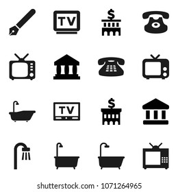 Flat vector icon set - bath vector, pen, bank, building, tv, classic phone