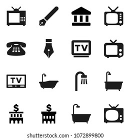 Flat vector icon set - bath vector, pen, bank, building, tv, classic phone