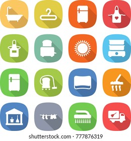 flat vector icon set - bath vector, hanger, fridge, apron, toaster, gas oven, double boiler, vacuum cleaner, sponge, utility room, drying clothes, brush, home call cleaning
