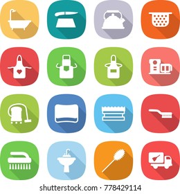 flat vector icon set - bath vector, cutting board, kettle, colander, apron, food processor, vacuum cleaner, sponge, brush, water tap sink, duster, home call cleaning