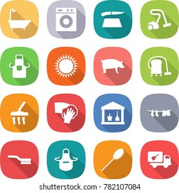 flat vector icon set - bath vector, washing machine, cutting board, vacuum cleaner, apron, gas oven, pig, wiping, utility room, drying clothes, brush, duster, home call cleaning