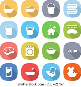 flat vector icon set - bath vector, washing, bucket, towel, house cleaning, car wash, sponge with foam, machine, basin, drying clothes, cleanser powder, floor, handle