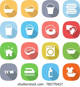flat vector icon set - bath vector, washing, bucket, towel, soap, wiping, house cleaning, sponge with foam, machine, basin, drying clothes, brush, toilet cleanser, handle