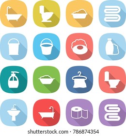 flat vector icon set - bath vector, toilet, washing, towel, bucket, soap, shampoo, liquid, foam basin, hanger, water tap sink, paper