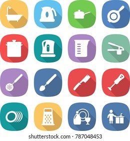 flat vector icon set - bath vector, kettle, saute pan, measuring cup, garlic clasp, skimmer, big spoon, chef knife, blender, plates, grater, dish cleanser, kitchen cleaning
