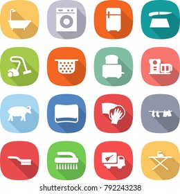 flat vector icon set - bath vector, washing machine, fridge, cutting board, vacuum cleaner, colander, toaster, food processor, sheep, sponge, wiping, drying clothes, brush, home call cleaning, iron