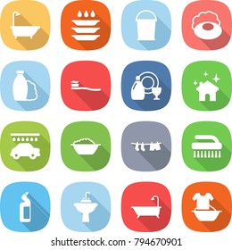 flat vector icon set - bath vector, plate washing, bucket, soap, shampoo, tooth brush, dish cleanser, house cleaning, car wash, foam basin, drying clothes, toilet, water tap sink, handle