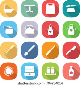 flat vector icon set - bath vector, table, cutting board, steam pan, kettle, apron, whisk, big spoon, knife, chef, gas oven, double boiler, salt pepper, ketchup