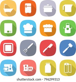 flat vector icon set - bath vector, fridge, pan, measuring cup, kitchen scales, cook hat, chief, apron, cutting board, big fork, chef knife, meat hammer, coffee maker, food processor, bank