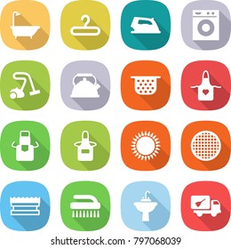 flat vector icon set - bath vector, hanger, iron, washing machine, vacuum cleaner, kettle, colander, apron, gas oven, sieve, sponge, brush, water tap sink, home call cleaning