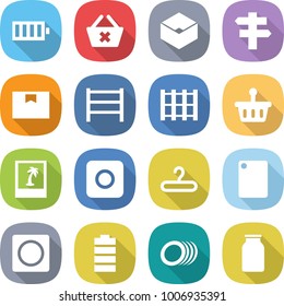 flat vector icon set - battery vector, delete cart, box, singlepost, package, rack, pallet, basket, photo, ring button, hanger, cutting board, plates, bank