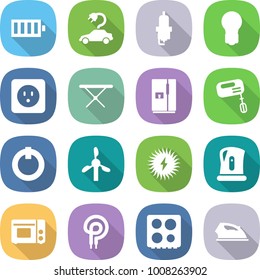 flat vector icon set - battery vector, electric car, spark plug, bulb, power socket, iron board, fridge, mixer, on off button, windmill, solar, kettle, grill oven, elecric, hob