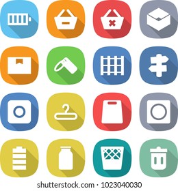 flat vector icon set - battery vector, remove from basket, delete cart, box, package, label, pallet, signpost, ring button, hanger, cutting board, bank, trash bin