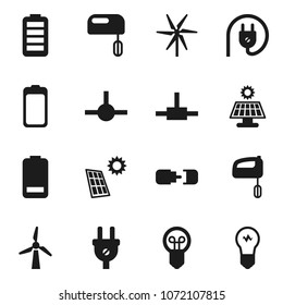 Flat vector icon set - battery vector, connect, connection, solar panel, windmill, power plug, mixer, bulb