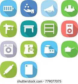 flat vector icon set - battery vector, chemical industry, loudspeaker, building helmet, tower crane, table, rack, speaker, washing machine, coffee maker, factory, saute pan, rolling pin