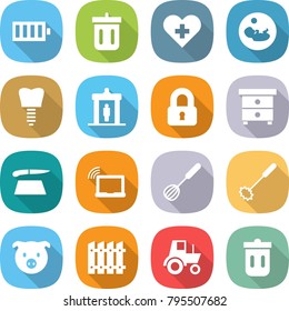flat vector icon set - battery vector, bin, heart cross, pregnancy, tooth implant, detector, locked, nightstand, cutting board, laptop wifi, whisk, pig, fence, tractor, trash