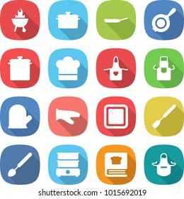 flat vector icon set - bbq vector, pan, cook hat, apron, glove, cutting board, spatula, big spoon, double boiler, cooking book