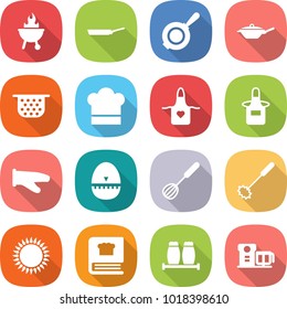 flat vector icon set - bbq vector, pan, colander, cook hat, apron, glove, egg timer, whisk, gas oven, cooking book, salt pepper, food processor