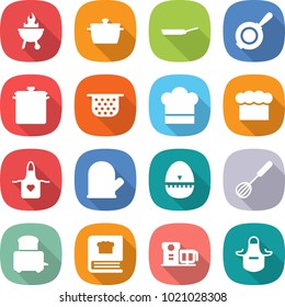 flat vector icon set - bbq vector, pan, colander, cook hat, chief, apron, glove, egg timer, whisk, toaster, cooking book, food processor