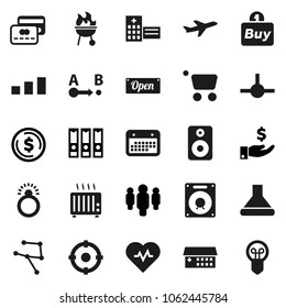 Flat vector icon set - bbq vector, dollar coin, investment, man, binder, heart pulse, plane, calendar, sorting, route, speaker, hospital building, connect, network, credit card, open, target, buy