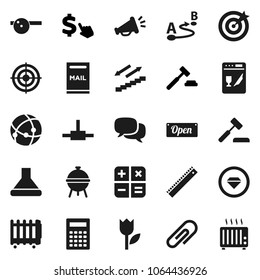Flat vector icon set - bbq vector, ruler, calculator, auction, dollar cursor, target, stairways run, tulip, route, dialog, eye hat, connect, connection, attachment, mailbox, open, loudspeaker