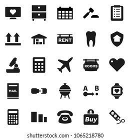 Flat vector icon set - bbq vector, microscope, archive, auction, calculator, calendar, heart monitor, plane, top sign, sorting, route, tooth, connection, mailbox, barn, rent signboard, rooms, phone