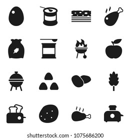 Flat vector icon set - bbq vector, cereal, egg, potato, chicken leg, diet, sports nutrition, breads, toaster