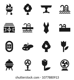 Flat vector icon set - bbq vector, stadium, swimsuite, pool, tulip, pond, fruit tree, table, fan