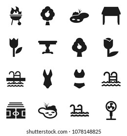 Flat vector icon set - bbq vector, stadium, swimsuite, pool, tulip, pond, fruit tree, table, fan