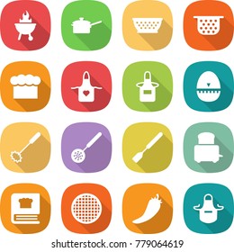 flat vector icon set - bbq vector, saute pan, colander, chief hat, apron, egg timer, whisk, skimmer, spatula, toaster, cooking book, sieve, hot pepper