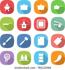 flat vector icon set - bbq vector, pan, saute, apron, cutting board, garlic clasp, big spoon, meat hammer, elecric oven, salt pepper, pasta, hot
