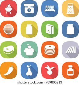 flat vector icon set - bbq vector, kitchen scales, spices, grater, sieve, bank, cereals, flour, steake, cupcake, pancakes, field, hot pepper, pear, beet, pills bottle